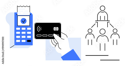 Digital payments, e-commerce, financial security, business hierarchy, contactless technology, payment processing. Hand with card near a card reader and team hierarchy symbols. Digital payments