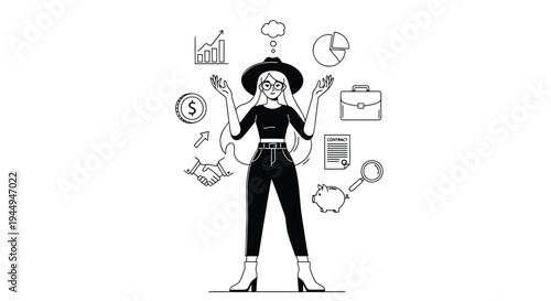 Vector illustration of multitasking businesswoman with various office icons