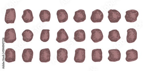 Hand drawn rocks and stones Rock fragments, boulders, building material Coastal pebbles, gravel, minerals, cobblestones, geological formations For game environment, landscape illustration, design