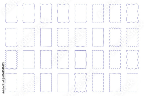 Set of colorful round and oval, rectangular and square, arch shapes with curvy edges. Cute geometric forms with scalloped borders. Empty textboxes, stickers, tags or labels. Vector flat illustration