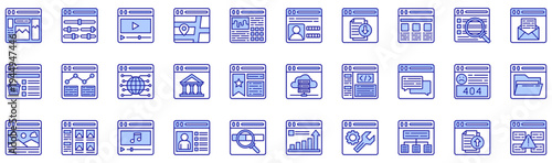 Web Browser purple style icon collection. Vector illustrations. Template, Customization, Video, Map, Dashboard, Login, Download. Professional vectors.