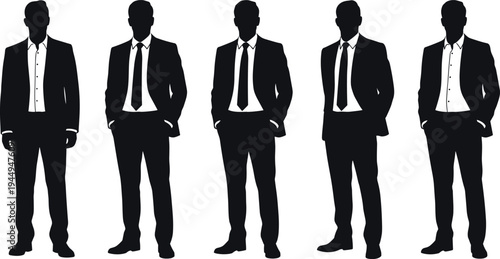 Businessman silhouette collection in formal suit and tie showing confident standing poses isolated vector set for corporate, professional, and leadership concept design