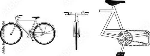 Classic city bicycle technical vector illustration showing side front and drivetrain views of vintage style bike isolated for cycling design blueprint reference
