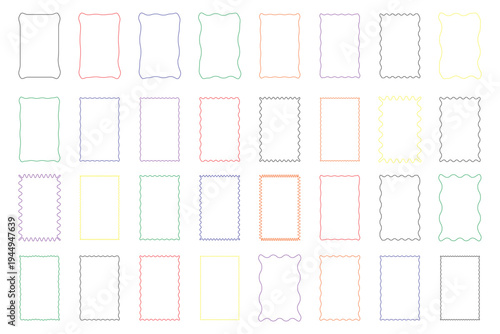 Color rectangle frames with wiggly borders. Different wavy shapes with squiggly edge border. Set of Zigzag wavy edges, rectangles, photo frames, text boxes, labels. Scallop frame set