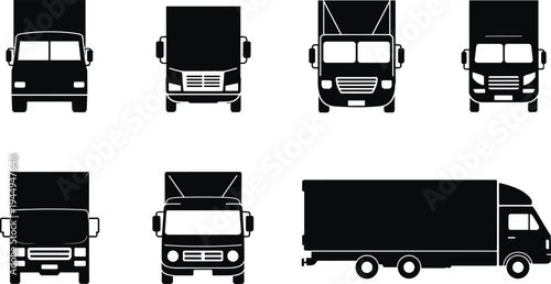 Collection of delivery truck and cargo vehicle silhouettes showing front and side views isolated vector set for logistics transportation, freight service, and shipping design