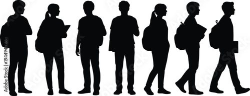 Collection of student silhouettes with backpacks and books showing standing and walking poses isolated vector set for education, school lifestyle, and youth illustration