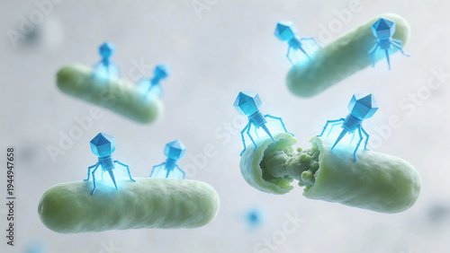 Artistic render of phage therapy, complex bacteriophages attaching to and injecting genetic material into bacteria causing them to burst, phages glowing with blue curative light, bacteria sickly green