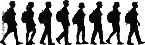 Collection of walking student silhouettes with backpacks showing side view poses isolated vector set for education, youth lifestyle, campus life illustration