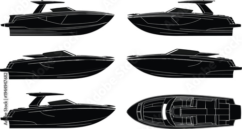 Luxury speedboat and modern motor yacht technical vector illustration showing multiple side and top views isolated for marine design blueprint boating concept
