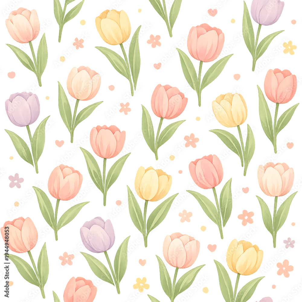 Obraz premium pastel tulip pattern on transparent background, delicate tulip floral pattern illustration, soft pastel pink peach lavender mint and baby blue palette, blooming tulip flowers with slender green stems,
