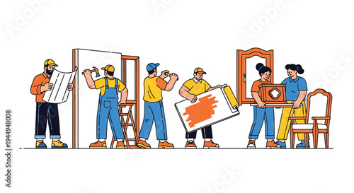 Set of 6 construction workers renovating interior vector