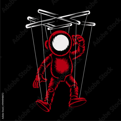 Puppet Robot Controlled by Strings on Black Background  Control Concept.