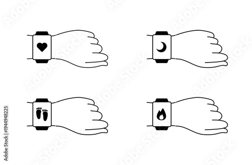 スマートウォッチの健康管理アイコンセット 心拍・睡眠・歩数・カロリーの4点フラットイラスト