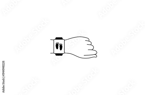 スマートウォッチに歩数計が表示されているフラットイラスト 足跡アイコン