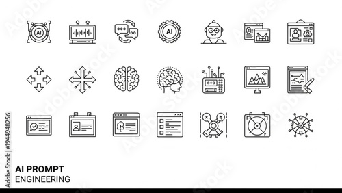 AI Agents Workflow Icons Set, Robot Assistant Automation Pipeline and Multi Agent System Outline Vector Icons