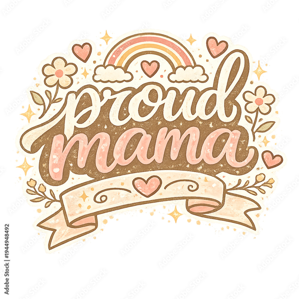 Fototapeta premium proud mama aesthetic typography, stylish motherhood typography illustration, elegant hand lettered proud mama phrase, soft pastel pink peach lavender and cream palette, delicate floral accents with ro