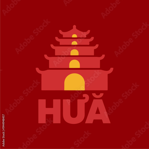Vietnamese Pagoda Symbol HUA Text Red Background Asian Architecture.