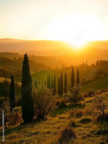 Golden light fades slowly across the landscape, casting long shadows over the rolling hills and cypress trees, cypress trees, blue sky