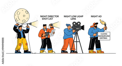 Set of 4 film crew icons vector, night scene