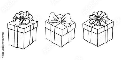 Set of hand drawn present box with ribbons Birthday present clipart Christmas gift Holiday doodle For design, print, web, decor, greeting card, sale
