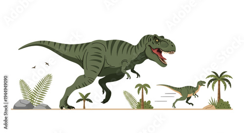 Tyrannosaurus Rex Chasing Prey Dinosaur in Prehistoric Hunting Scene Illustration