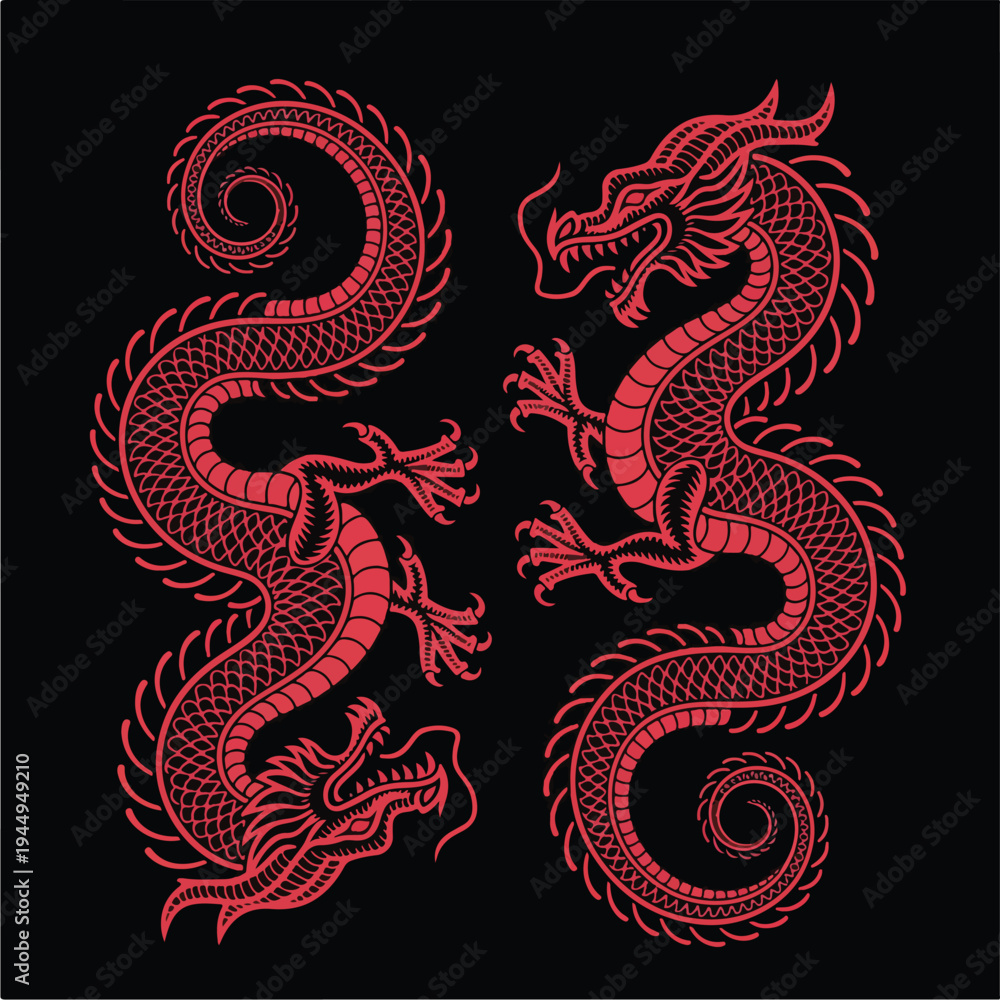 Fototapeta premium Red Chinese Dragons on Black Background - Mythical Creatures.