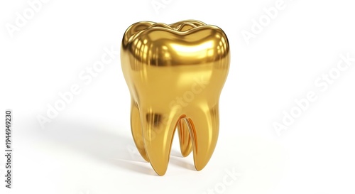 A shiny, gold-colored tooth on a white background.