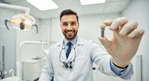 A male dentist holding a dental implant in his gloved hand.
