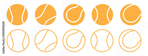 Tennis ball icon set. Sport equipment vector set. Tennis ball collection with static and motion versions for match, training, and game design.