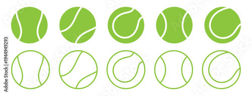 A vector icon set of tennis balls, showcasing both filled and outline styles for sports design .Tennis ball icon set, vector illustration, sports equipment, black and white Vector
