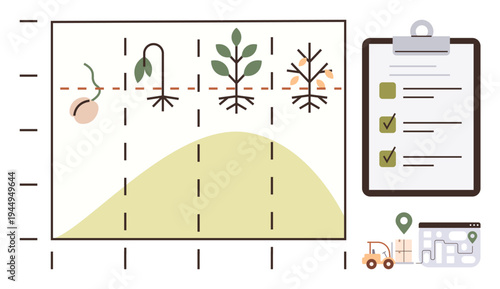 Agriculture, farming, logistics, food supply, crop management, sustainability. Growth stages of a plant visually with a clipboard checklist and farm infrastructure. Agriculture and farming concept