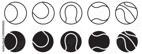 A vector icon set of tennis balls, showcasing both filled and outline styles for sports design .Tennis ball icon set, vector illustration, sports equipment, black and white Vector