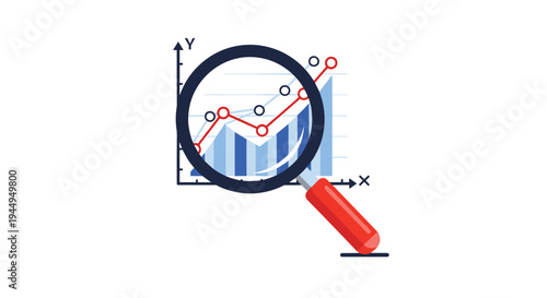 A prominent magnifying glass with a red handle is positioned over a blue and red bar chart with a line graph on a white background.