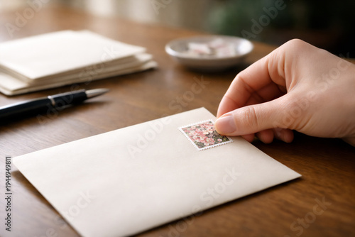 封筒に切手を貼る手元のクローズアップ｜郵送準備のイメージ