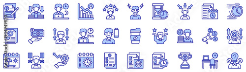 Workaholic purple style icon collection. Vector illustrations. Valuation, Burden, Overtime, Bar chart, Best employee, Stress. Professional vectors.