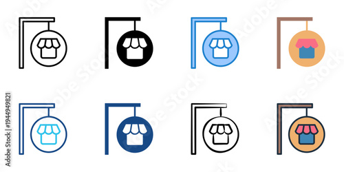 Store signage icons set multiple style collection. Editable stroke 
