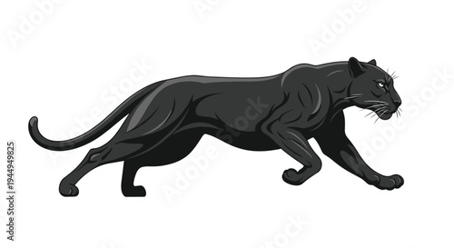 A sleek, realistic black panther with defined musculature and visible whiskers is captured in a powerful striding motion on a pure white background.