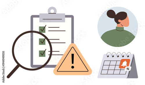 Task planning, organization, risk assessment, deadline management, productivity improvement, accountability. A checklist with checkmarks, magnifying glass warning sign person and calendar. Task