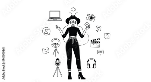 Vector illustration of woman surrounded by social media icons