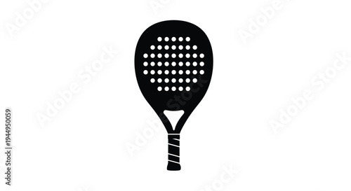A black silhouette of a padel tennis racket, featuring a perforated oval head, is centrally positioned on a plain white background.