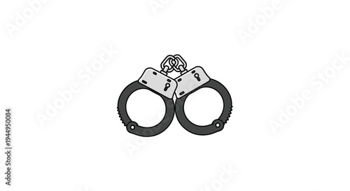 A pair of dark grey metal handcuffs, connected by a short chain, is centrally presented on a plain white background.