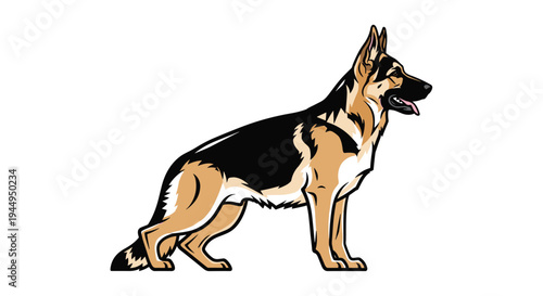 A stylized, colorful illustration of a German Shepherd dog standing alertly in profile, showcasing its distinct black and tan fur markings.