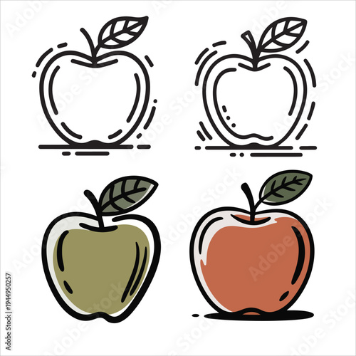 Apple Icons Line Art Outline Color and Realistic Styles.