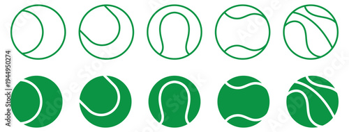 Tennis ball icon set. Sport equipment vector set. Tennis ball collection with static and motion versions for match, training, and game design.