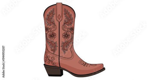 A richly detailed colored illustration showcases a single brown cowboy boot adorned with intricate floral embroidery and classic western stitching patterns against a clean white background.
