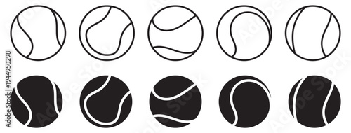Tennis ball icon set. Sport equipment vector set. Tennis ball collection with static and motion versions for match, training, and game design.