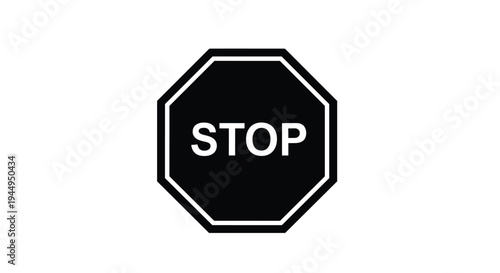 A stark black octagonal stop sign, featuring a crisp white border and the bold white capitalized word STOP, is precisely positioned against a plain white background.