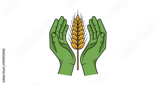 Two hands, distinctly colored in solid green, are symmetrically arranged, cradling a single, upright, golden-brown wheat stalk against a clean white backdrop.
