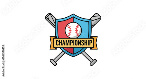 A detailed baseball championship emblem featuring a red and blue shield, a white baseball, crossed silver bats, and a yellow CHAMPIONSHIP banner is centered on a stark white background.