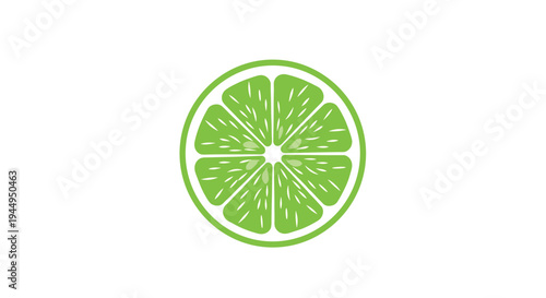 A single, vibrant green, circular lime slice with visible segments and a thin rind is precisely centered on a clean white background.